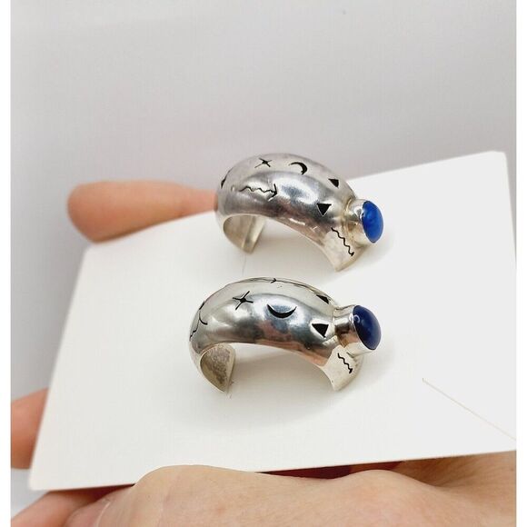 Vintage Sterling Silver Lapis Statement Earrings w Symbols Tribal Southwestern - Picture 1 of 13